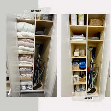 Before and after linen closet organization